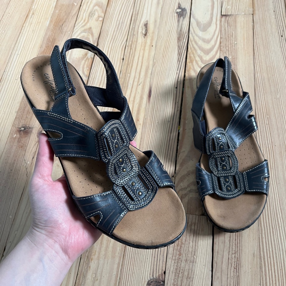 Clarks Leisa Vine Sandals Womens 10 Navy Blue Leather Strappy Comfort Slingback